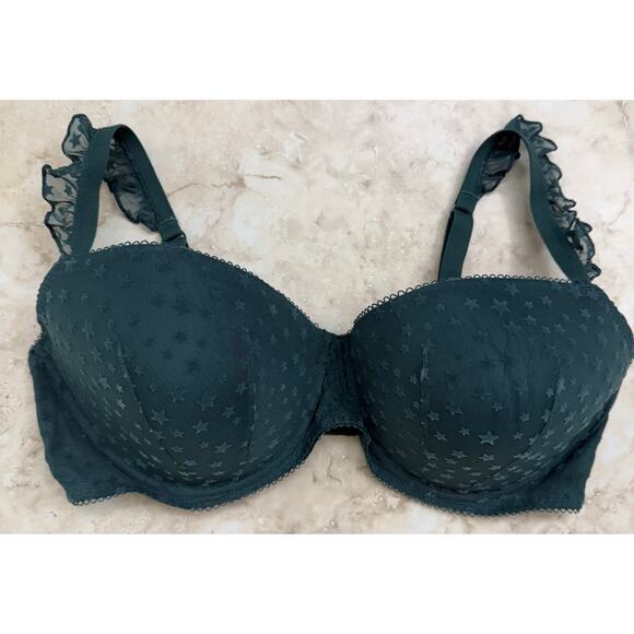Victoria Secret PINK 38DD dark emerald green lace push up bra ruffle sleeves - Picture 1 of 3